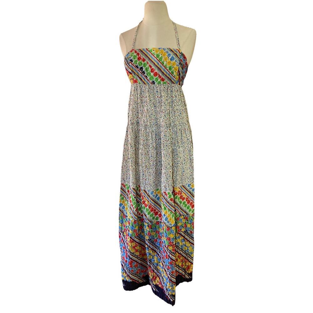 Vtg 70s Tiered Halter Maxi Dress Sz S ? Colorful Striped Floral‎ Tie Cottagecore